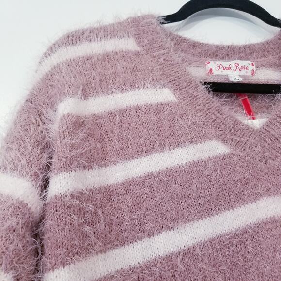 Pink Rose Pullover Stripes Eyelash Knit Sweater Long Sleeves - Picture 7 of 11